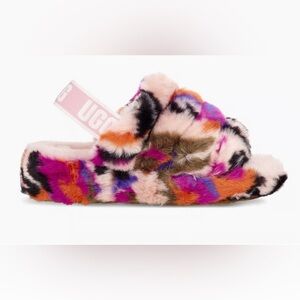 UGG FLUFF YEAH LOGO SLIDES Motlee Furry Chunky Wedge Graffiti Pink Platform Punk